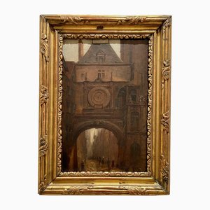 Rouen City Gros-Horloge Road, Oil on Cardboard, Framed