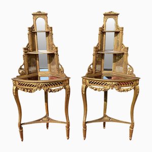 Gilt Wood and Cannage Corner Cabinets, Set of 2
