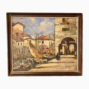 Robert Kervalo, Barcos en el puerto de Chioggia en Italia, Pintura al óleo