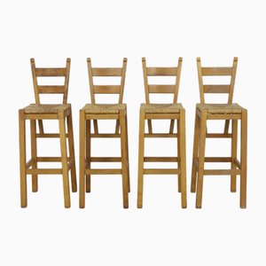 Vintage Barstools in Massive Oak and Rattan, 1970s Set of 4