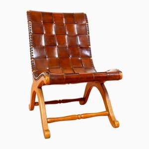 Mid-Century Cigar Leather Strap Slipper Lounge Chair attributed to Pierre Lottier for MCM, 1960s