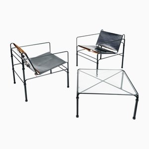 Mobilier de Bar Moderniste en Cuir Noir et Acier par Jan van Opzeeland, Pays-Bas, 1980s, Set de 3