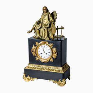 Schwarze Kaminuhr mit Benjamin Franklin aus Bronze, letztes 19. Jahrhundert