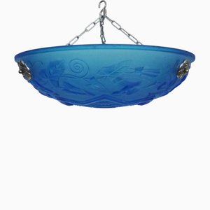 Art Deco Basin Pendant Light in Blue Glass Paste, 1930s
