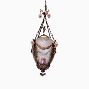 Italienische Laterne aus Messing, geätztem Glas & Capodimonte Blumen, 1950er