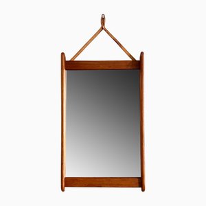 Teak Frame Wall Mirror with Leather Strap Suspension, 1960s
