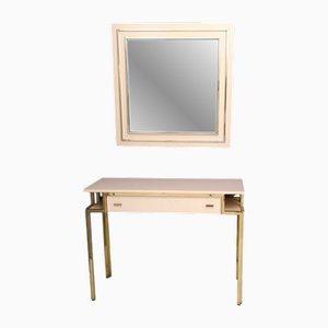 Tables Console Postmoderne en Formica Rose Pâle et Laiton avec Miroir Mural, Italie, 1970s, Set de 2