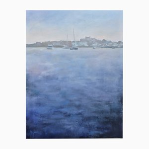 Miguel Ángel García López, Skyline und Schiffe, Öl auf Leinwand, Gerahmt