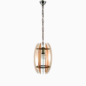 Mid-Century Italian Pink and Clear Thick Glass Chandelier by Veca, Italy, 1960s