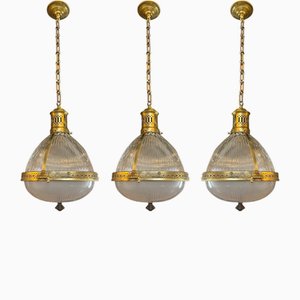 3 Prismatische Holophane Glas Hängelampen von André Blondel, Frankreich, 1920er, 3er Set