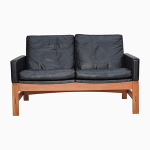 Vintage Danish Two-Seater Sofa in Leather and Oak, 1960s