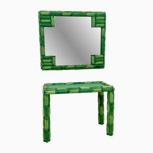 Mid-Century Modern Green Ceramic Console Table with Mirror, 1970, Set of 2