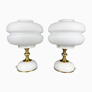 Milk Glass & Brass Table Lamps attributed to Napako, Czechoslovakia, 1970s, Set of 2