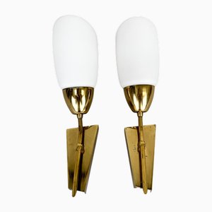 Brass & Milk Glass Wall Lamps attributed to Kamenický Šenov Glassworks, 1960s, Set of 2
