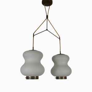 Lampe à Suspension Mid-Century en Laiton et Verre Opalin attribuée à Stilnovo, Italie, 1960s