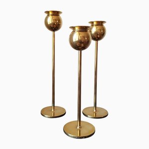 Bougeoirs Tulipe Scandinave en Laiton par Pierre Forssell pour Skultuna, 1982, Set de 3