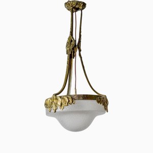 Jugend Kronleuchter aus Bronze & Glas, Schweden 1910er