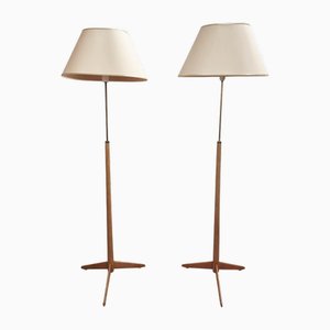 Scandinavian Modern Wood and Brass Floor Lamps by Alf Svensson for Bergboms, Set of 2