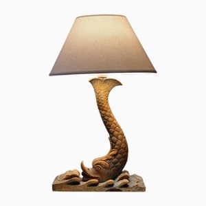 Lampe de Bureau Koi Fish en Bois Sculpté et Peint à la Main, Début des années 1900