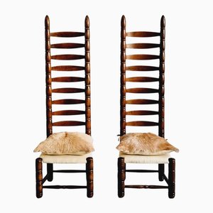 Spanische Leiterstühle mit hoher Rückenlehne und Sitzen aus Ziegenleder & Leinen, 1940er, 2er Set