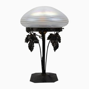 Art Nouveau French White Iridescent Glass and Wrought Iron Table Lamp, 1920s