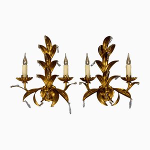 Hollywood Regency Style Gilt Metal and Crystal Glass Sconces, 1970s, Set of 2