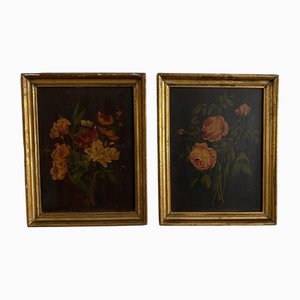 Bouquets of Flowers, Oils on Cardboard, Late 19th Century, Set of 2