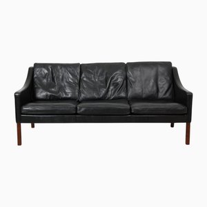 Modell 2209 3-Sitzer Sofa aus schwarzem Leder von Børge Mogensen, 1980er