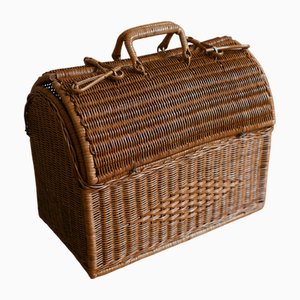 Woven Cane Basket with Double Top Opening and Handles, 1950s