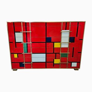 Kommode mit Vier Schubladen aus Mehrfarbigem Rotem Muranoglas, 1980er
