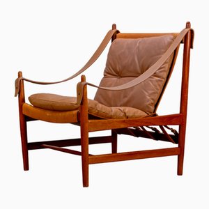 Poltrona Safari in pelle in teak, Scandinavia, anni '60