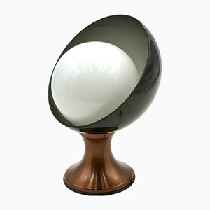 Lámpara de mesa era espacial con base de tulipán y esfera de vidrio opalino, Italia, años 70