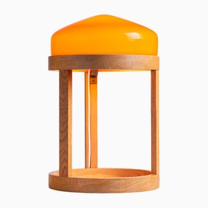 Bent Oak Wood Table Lamp with Orange Glass Shade