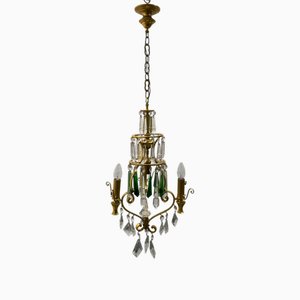 Brass and Green Crystal Chandelier, 1960s