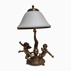 Vintage Table Lamp with Brass Base and Opaque White Glass Shade, 1990s