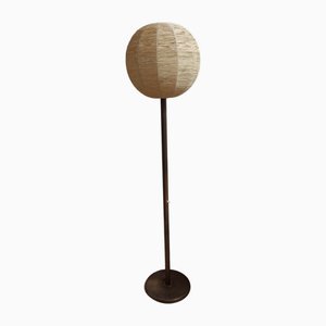 Mid-Century Floor Lamp with Brass Base and Cream-Colored Raffia Shade, 1960s