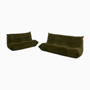 Set Togo vintage a due e tre posti in velluto verde di Michel Ducaroy per Ligne Roset, set di 2