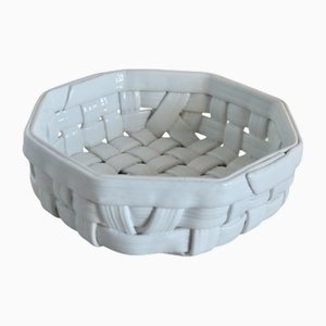 Vintage White Woven Ceramic Basket, 1970s
