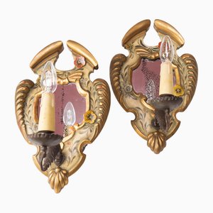 Antique French Hand Painted Wall Lights with Mirror, 1920s, Set of 2