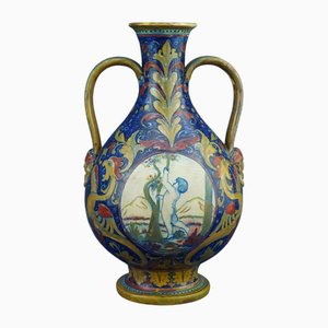 Neo-Renaissance Ceramic Vase with Cherubs and Harpies Decor by Alfredo Santarelli, Gualdo Tadino, Italy, Late 1800s