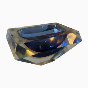Vintage Blue and Yellow Sommerso Faceted Murano Glass Ashtray by Seguso, 1970s