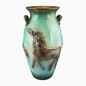 Large Futuristic Modern Majolica Vase with Horses Relief by Umberto Ghersi, Albisola, Italy, 1950s
