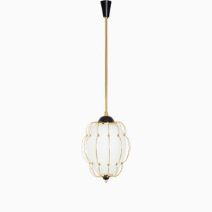 Opaline Glass and Brass Metal Chandelier by Angelo Lelii for Arredoluce, 1958