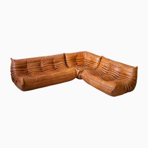 Sedia ad angolo e divano a tre posti Togo in pelle color cammello di Michel Ducaroy per Ligne Roset, set di 3