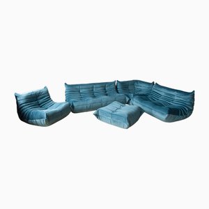 Set da salotto Togo in velluto blu di Michel Ducaroy per Ligne Roset, set di 5