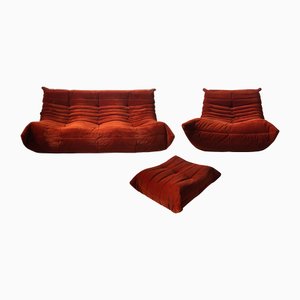 Fauteuil Togo en Corduroy Ambre avec Pouf et Canapé Trois Places par Michel Ducaroy pour Ligne Roset, Set de 3
