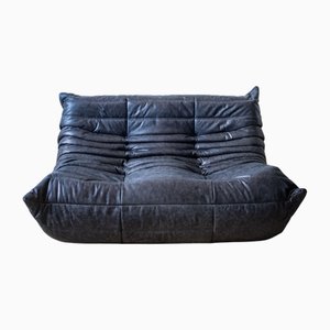 Canapé Togo Deux Places en Cuir Noir par Michel Ducaroy pour Ligne Roset