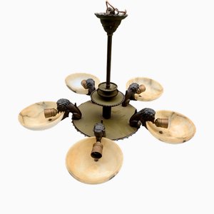Art Deco Candleholder with Lion Statues in Bronze and Abalaster, 1930s