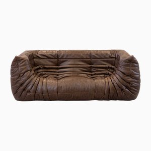 Vintage Two-Seater Togo Sofa with Arms in Brown Leather by Michel Ducaroy for Ligne Roset, 1970s