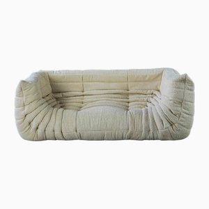 Vintage Two-Seat Togo Sofa with Arms in White Bouclette by Michel Ducaroy for Ligne Roset, 1970s
